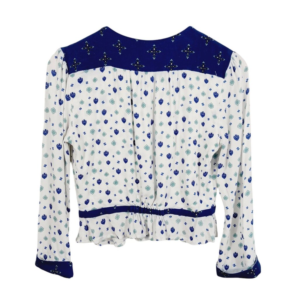 Free People Top, Size S, Wrap Front, Long Sleeve, White/Blue, Smocking, Boho - Picture 7 of 15